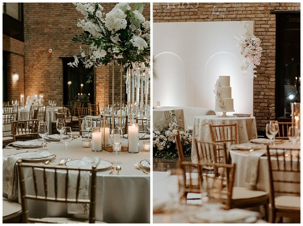 Reception room and backdrop details at Aarushi and Shane's Christian wedding reception at the Lumber Exchange Minneapolis