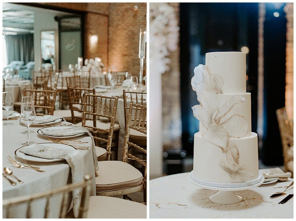 Reception table settings and wedding cake at Aarushi and Shane's Indian fusion wedding reception at the Lumber Exchange Minneapolis