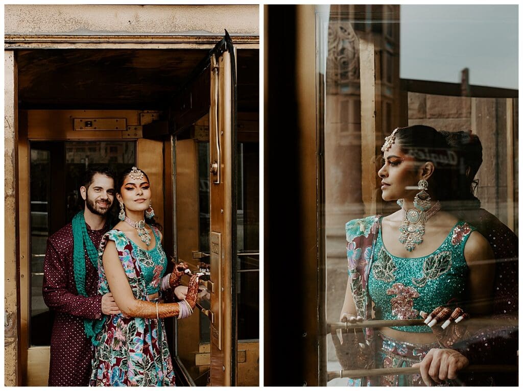 Bride and groom in Indian fusion wedding attire posing in a doorway at the Lumber Exchange Minneapolis
