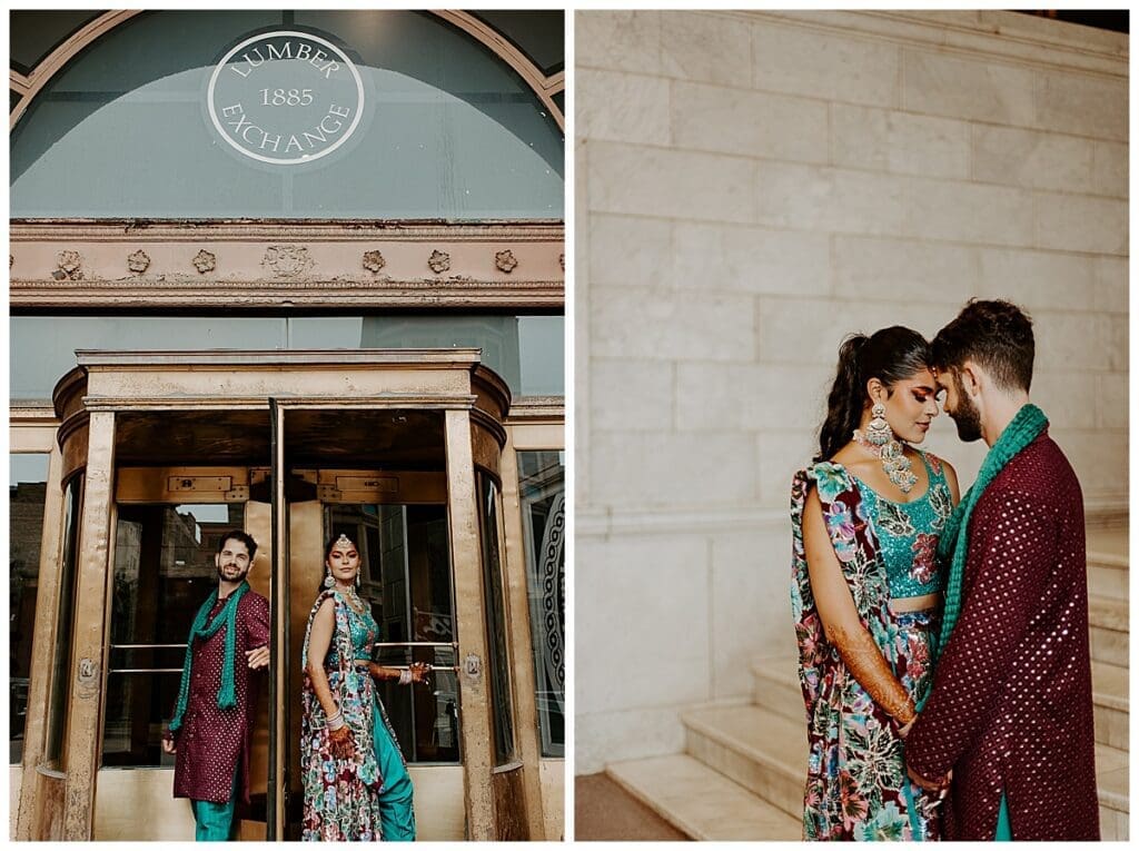 Aarushi and Shane outside and inside the Lumber Exchange building in downtown Minneapolis during their Indian fusion wedding