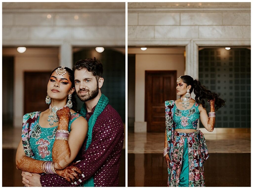Aarushi and Shane portrait and full length photos inside the Lumber Exchange during their Minneapolis Indian wedding weekend