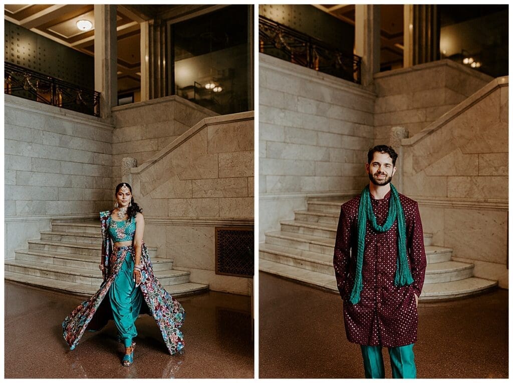 Aarushi and Shane full length portraits on the staircase at the Lumber Exchange Minneapolis Indian fusion wedding