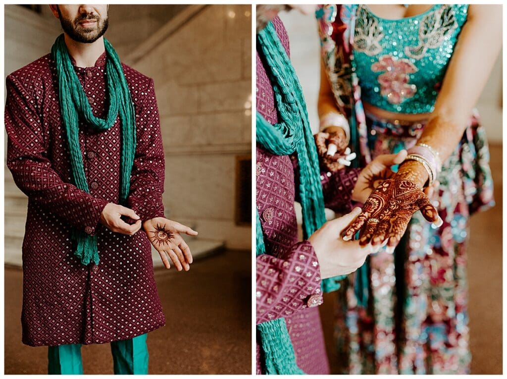 Shane and Aarushi showing henna hands before their sangeet at the Lumber Exchange Minneapolis