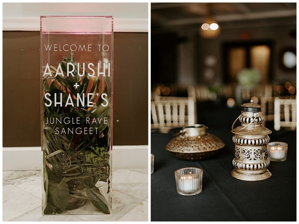 Welcome sign and decorative details from Aarushi and Shane's jungle rave sangeet at the Lumber Exchange Minneapolis