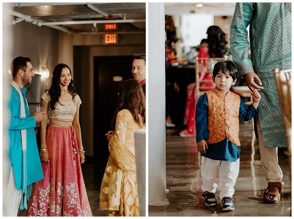 Wedding guests mingling at the sangeet during Aarushi and Shane's Indian wedding weekend in Minneapolis