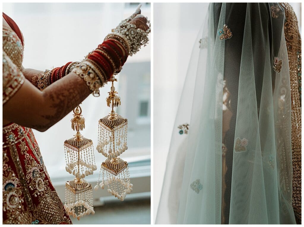 Close up detail of Aarushi's bridal jewelry and veil during the baraat at their Minneapolis Indian wedding
