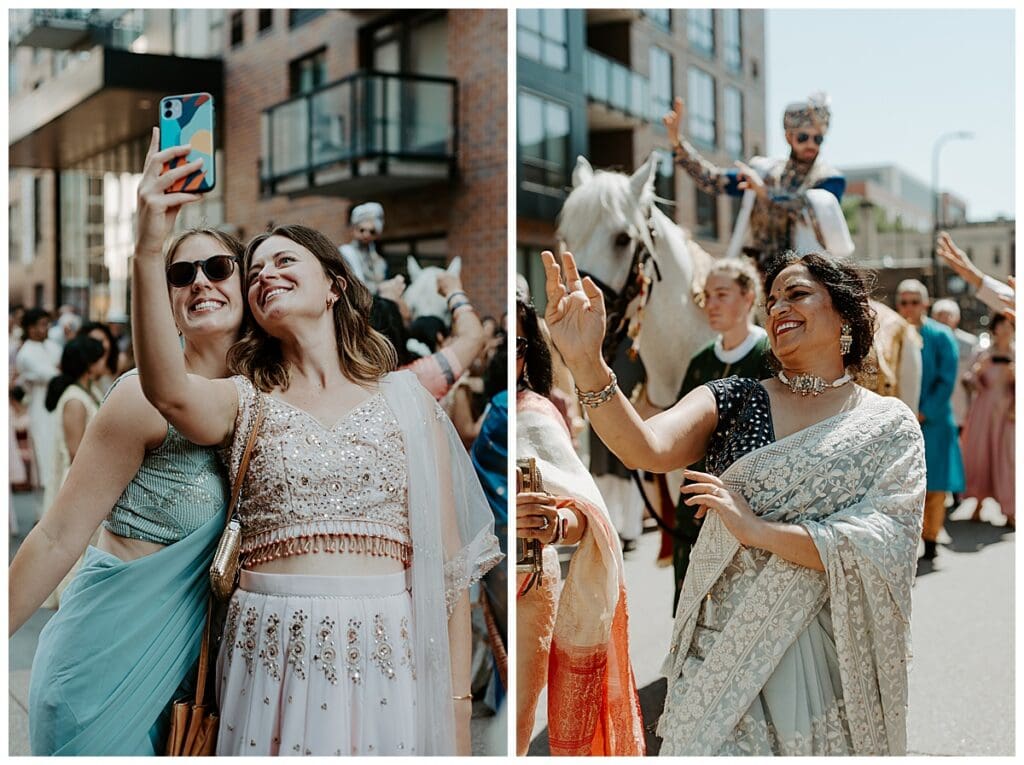 Guests dancing and celebrating during the baraat procession outside Mosaic Venue in Minneapolis