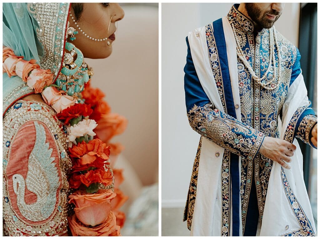 Close up details of Aarushi and Shane's traditional Hindu wedding attire and jewelry at Mosaic Venue Minneapolis