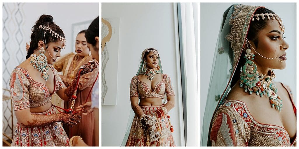Aarushi getting ready in her bridal lehenga and traditional Indian bridal jewelry before her Hindu wedding ceremony at Mosaic Venue Minneapolis
