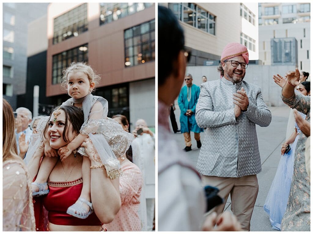 Guests celebrating during the baraat outside Mosaic Venue in Minneapolis