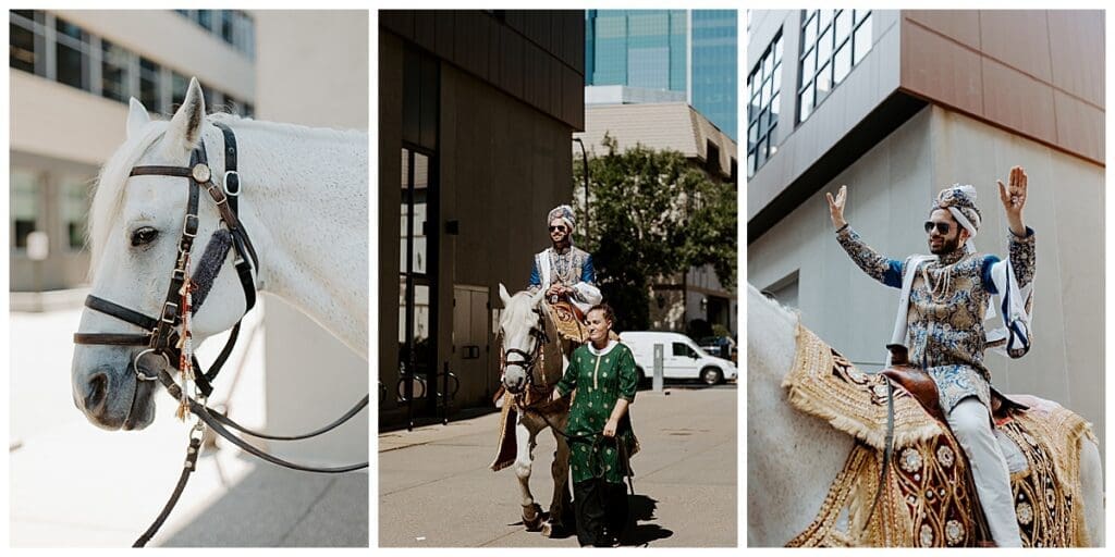 Shane on horseback during the baraat procession at Aarushi and Shane's Minneapolis Indian wedding at Mosaic Venue