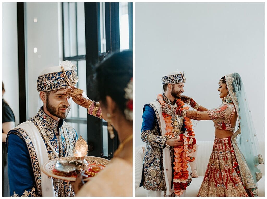 Aarushi and Shane exchanging garlands during their Hindu wedding ceremony at Mosaic Venue in Minneapolis