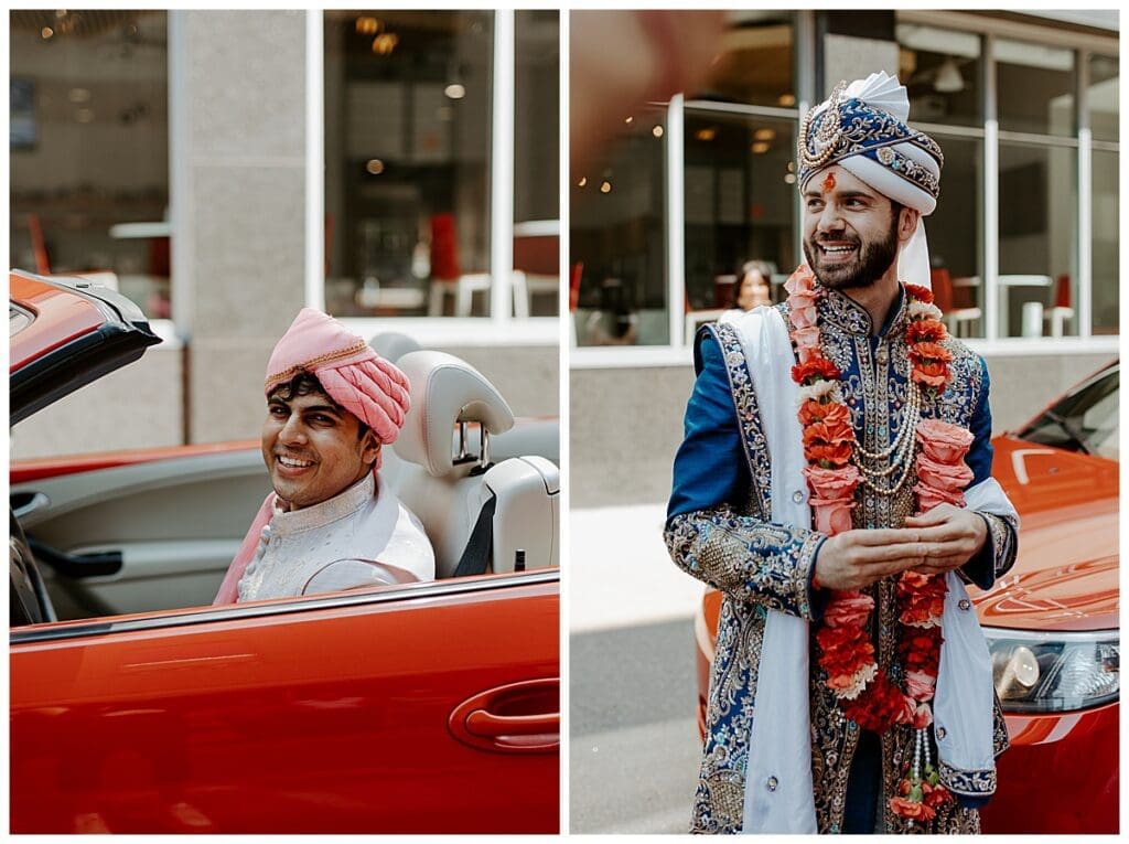 Shane preparing to leave in a red convertible for the baraat procession at Mosaic Venue in Minneapolis