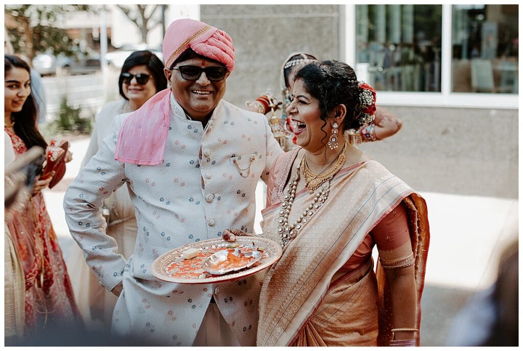 Family members welcoming Shane during the baraat procession at Aarushi and Shane's Minneapolis Indian wedding
