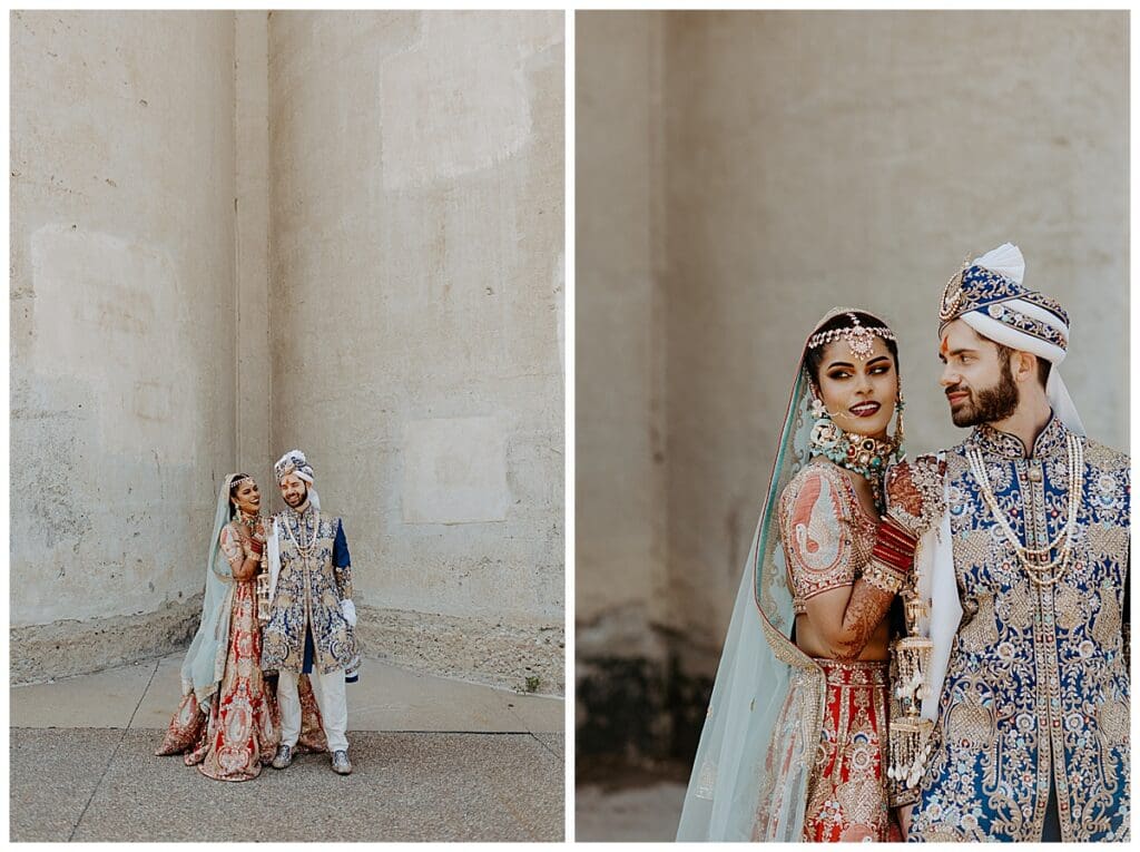 Bride and groom portraits in traditional Hindu wedding attire at Mosaic Venue in Minneapolis