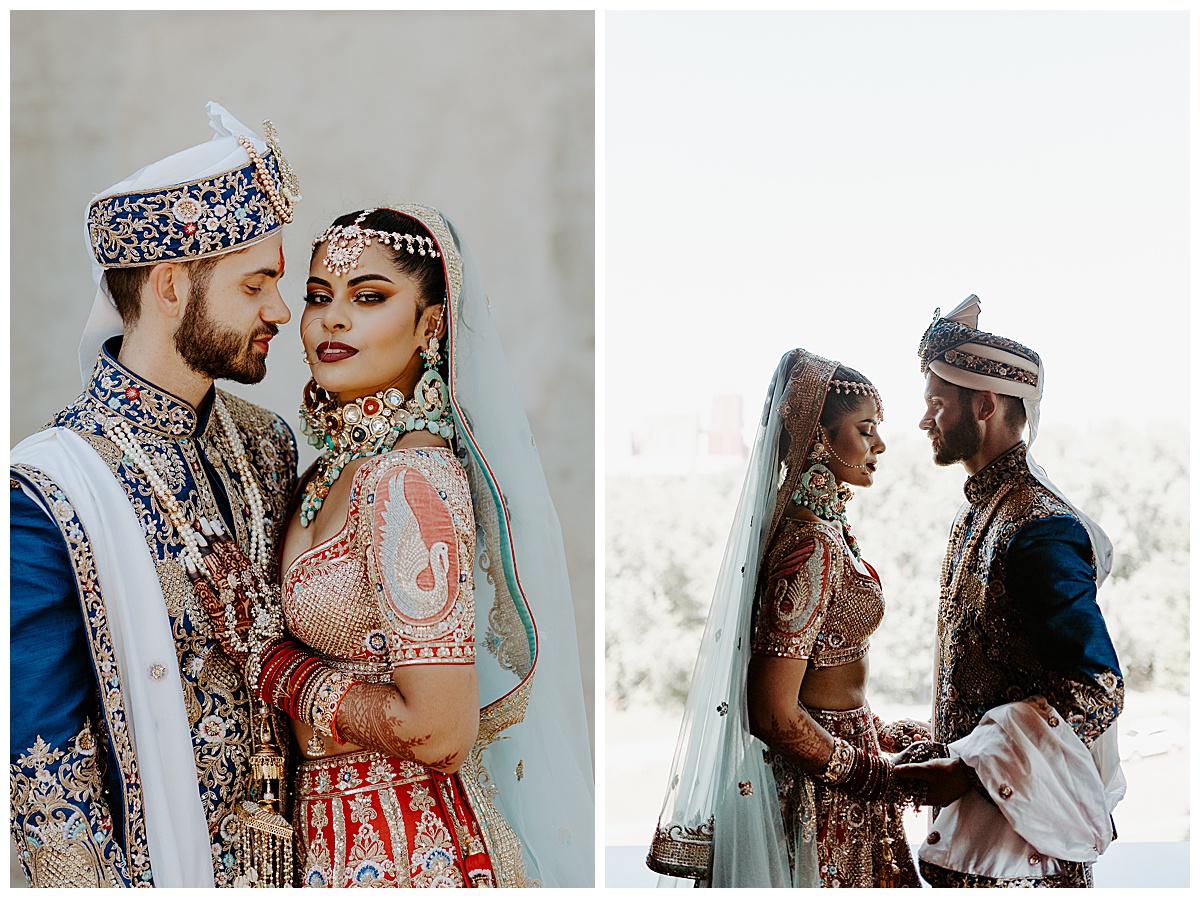Aarushi and Shane in traditional Hindu wedding attire during their ceremony at Mosaic Venue in Minneapolis