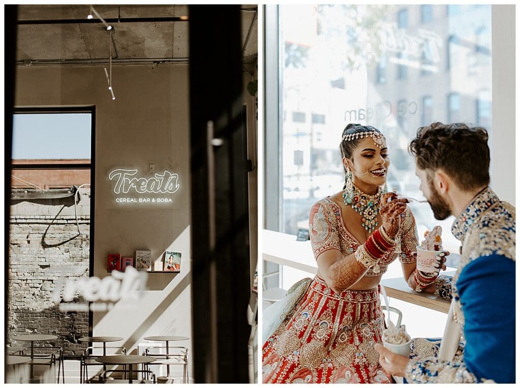 Aarushi and Shane share ice cream after their baraat at Treats Cereal Bar and Boba