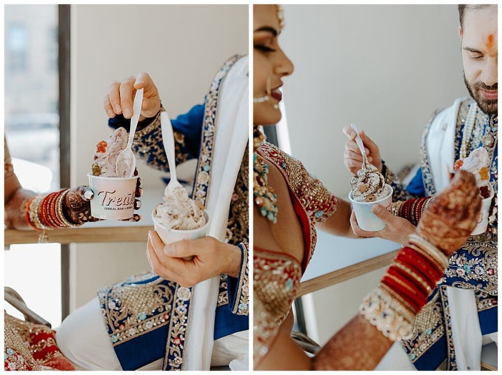 Aarushi and Shane eat ice cream at Treats Cereal Bar and Boba after their Minneapolis traditional Hindu wedding