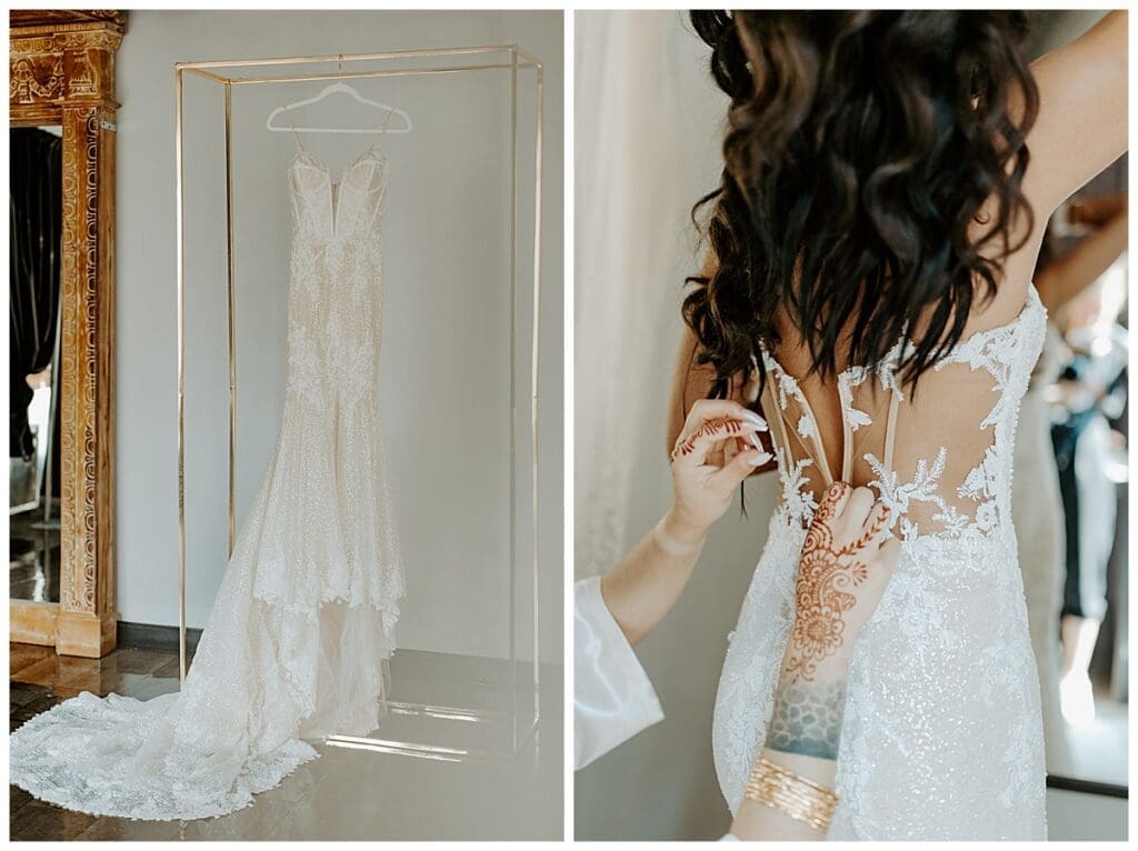 Aarushi's white wedding gown hanging and bride getting into her dress before the Christian ceremony in Minneapolis