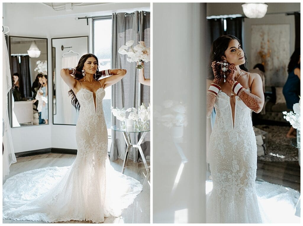 Aarushi in her white wedding gown getting ready before the Christian ceremony at the Lumber Exchange Minneapolis