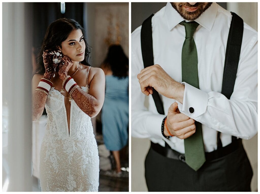 Aarushi and Shane getting ready separately before their Christian wedding ceremony at the Lumber Exchange Minneapolis