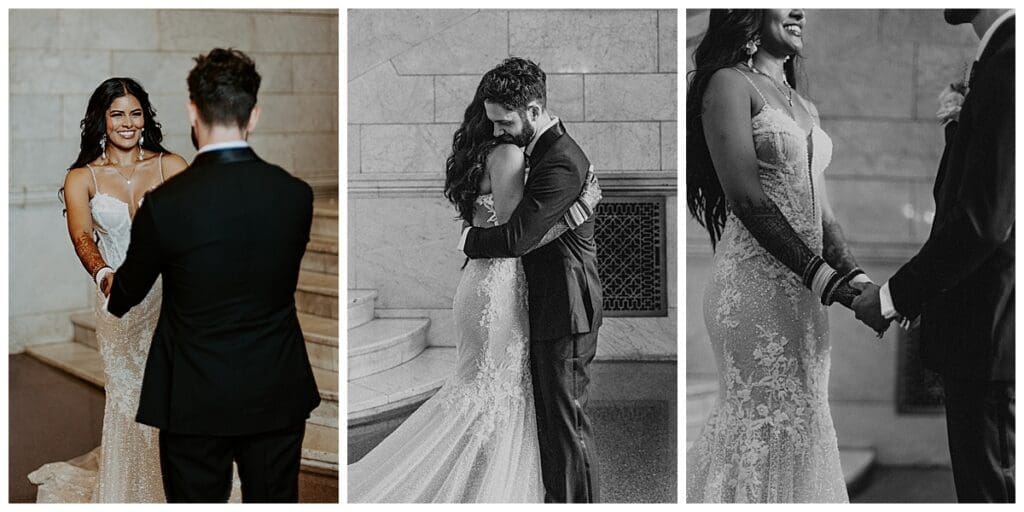 Aarushi and Shane first look before their Christian wedding ceremony at the Lumber Exchange in downtown Minneapolis