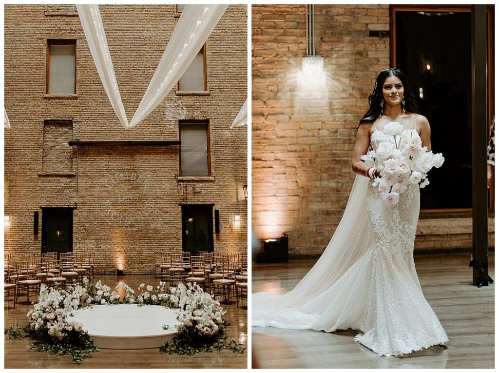 Aarushi walking down the aisle at the Christian wedding ceremony inside the Lumber Exchange Minneapolis