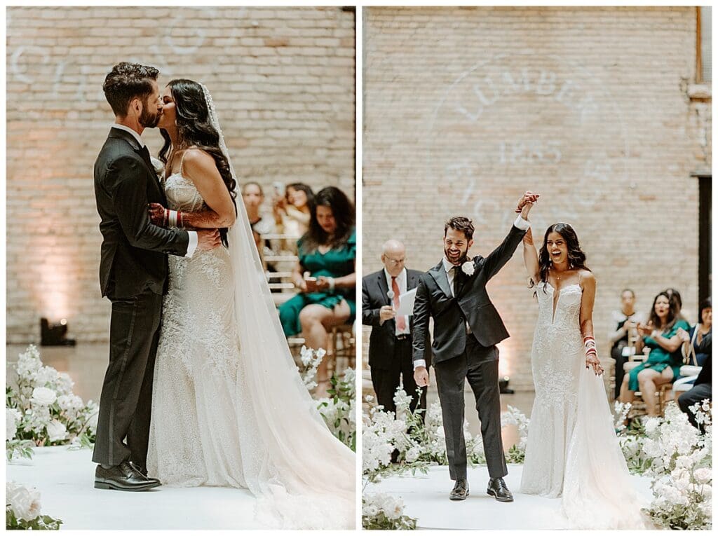 Aarushi and Shane celebrating after being pronounced married at their Christian ceremony at the Lumber Exchange Minneapolis