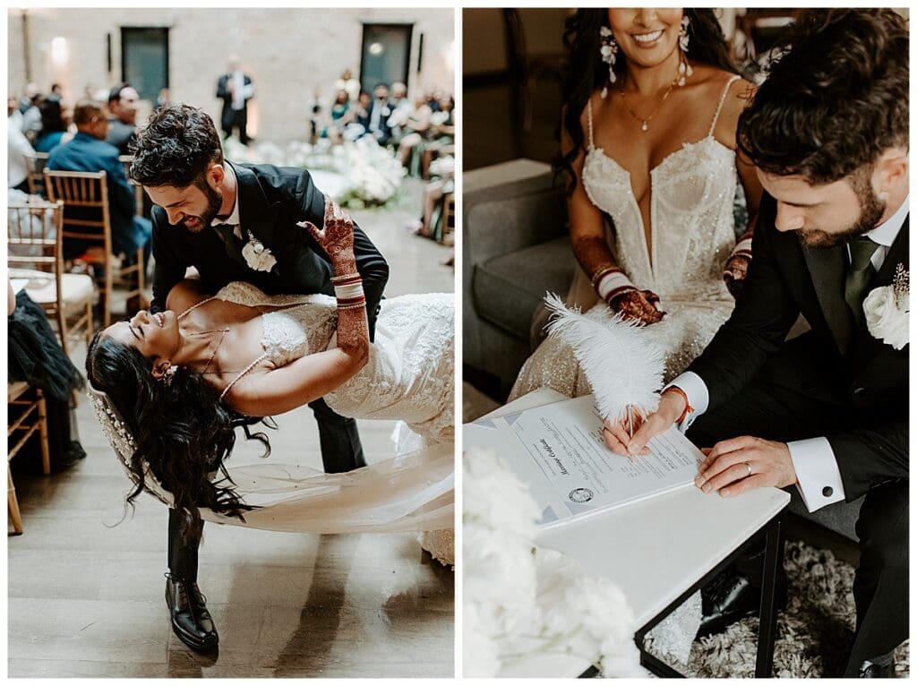 Aarushi and Shane signing their marriage certificate at the Lumber Exchange during their Minneapolis Indian fusion wedding