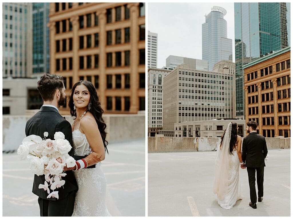 Bride and groom portraits on the rooftop of the Lumber Exchange in downtown Minneapolis