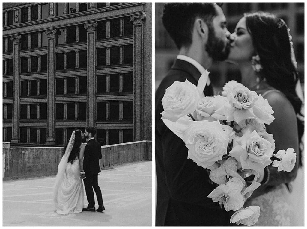 Aarushi and Shane sharing a kiss on the rooftop of the Lumber Exchange in downtown Minneapolis
