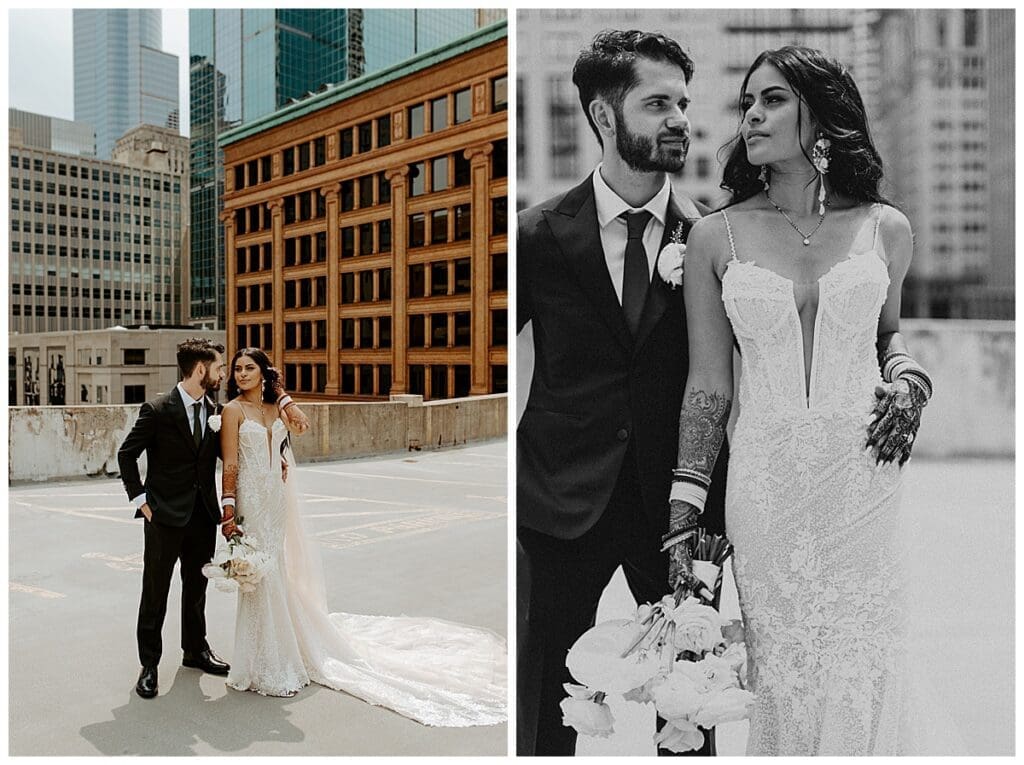 Bride and groom portraits on the rooftop overlooking the Minneapolis skyline at the Lumber Exchange