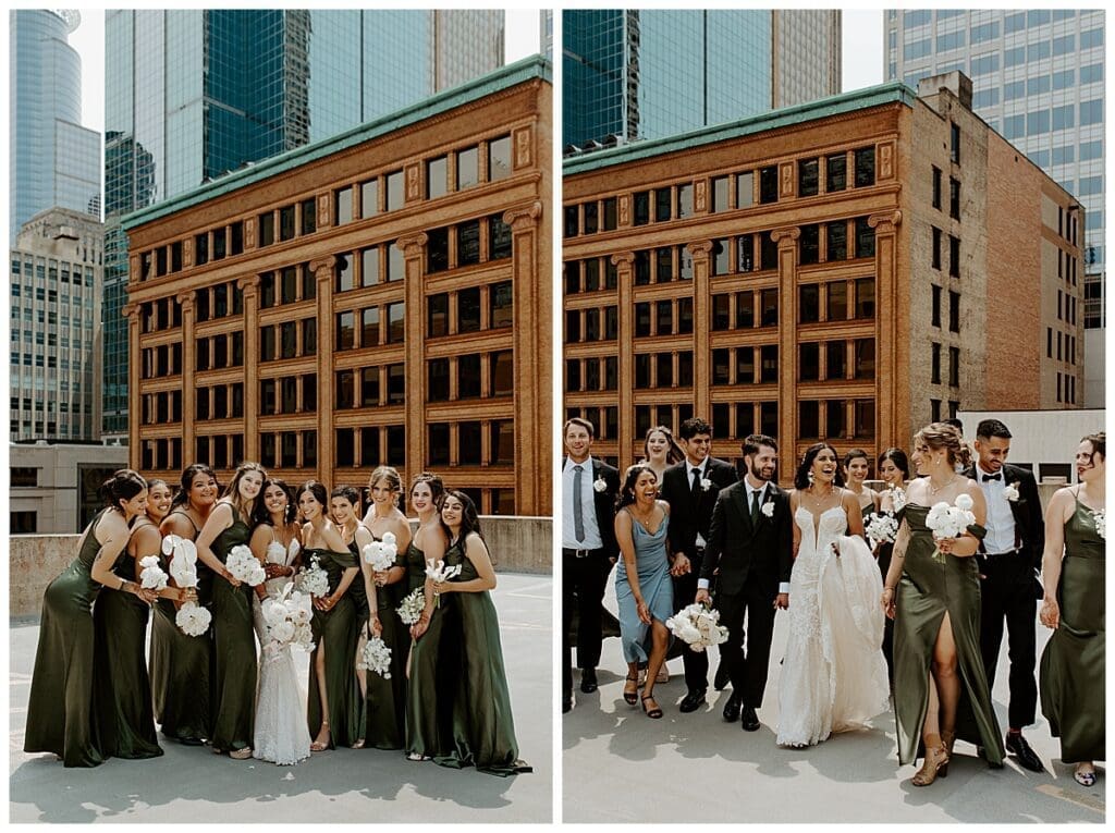 Wedding party group photos on the rooftop of the Lumber Exchange with the Minneapolis skyline