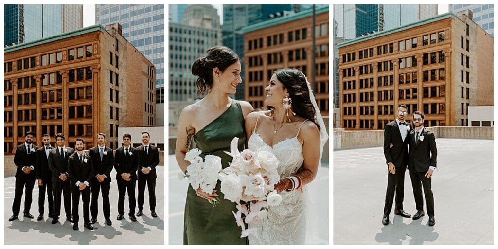 Wedding party portraits on the rooftop of the Lumber Exchange in downtown Minneapolis