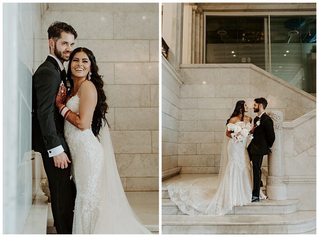 Aarushi and Shane portrait and staircase photos inside the Lumber Exchange during their Minneapolis Indian fusion wedding