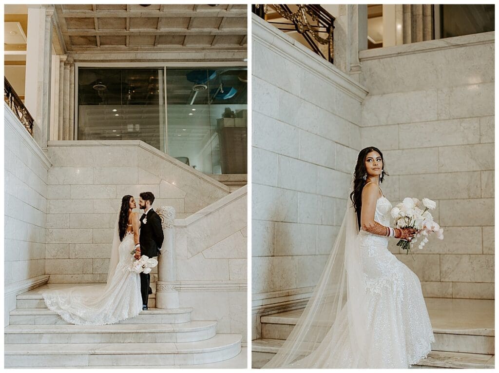 Aarushi and Shane on the marble staircase at the Lumber Exchange in downtown Minneapolis — Indian fusion wedding portraits