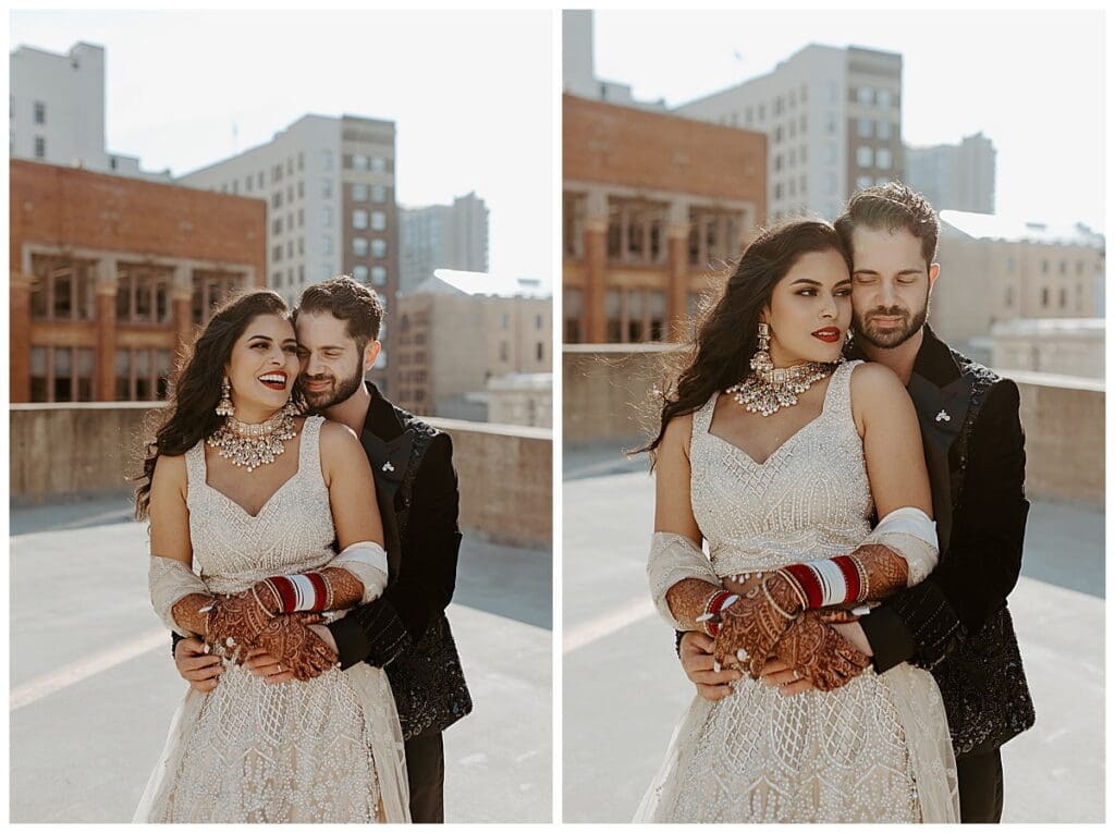 Bride and groom candid portraits on the rooftop of the Lumber Exchange in downtown Minneapolis