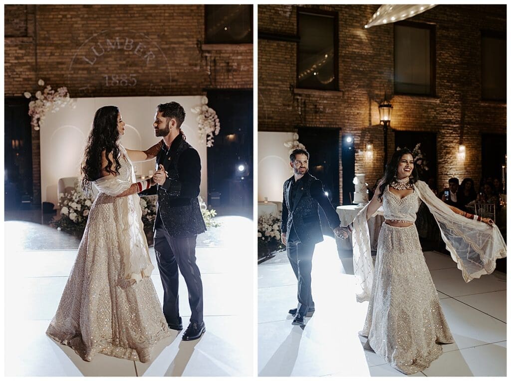 Aarushi and Shane first dance at their wedding reception at the Lumber Exchange in Minneapolis