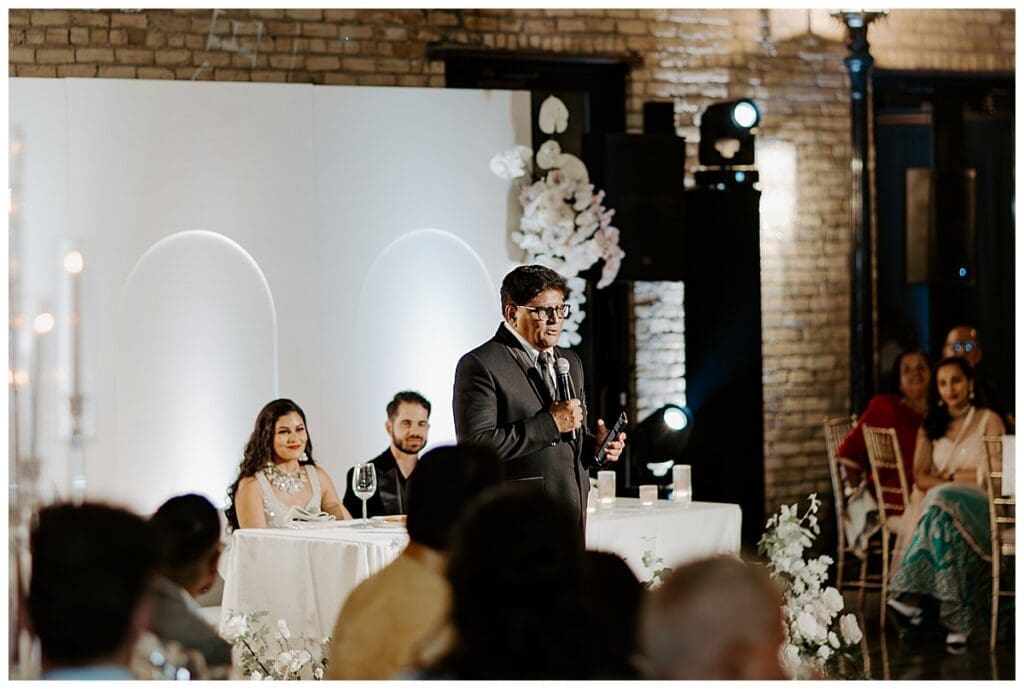 Toasts and speeches during Aarushi and Shane's wedding reception at the Lumber Exchange Minneapolis