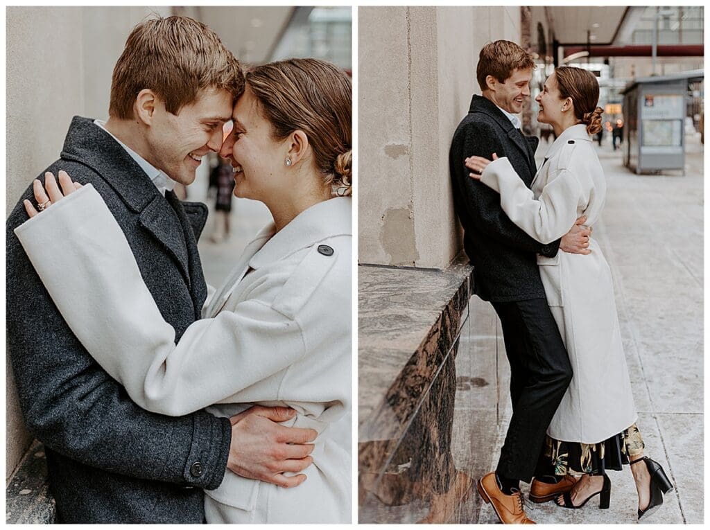 Meredith and Alec sharing a close moment during their downtown Minneapolis engagement session