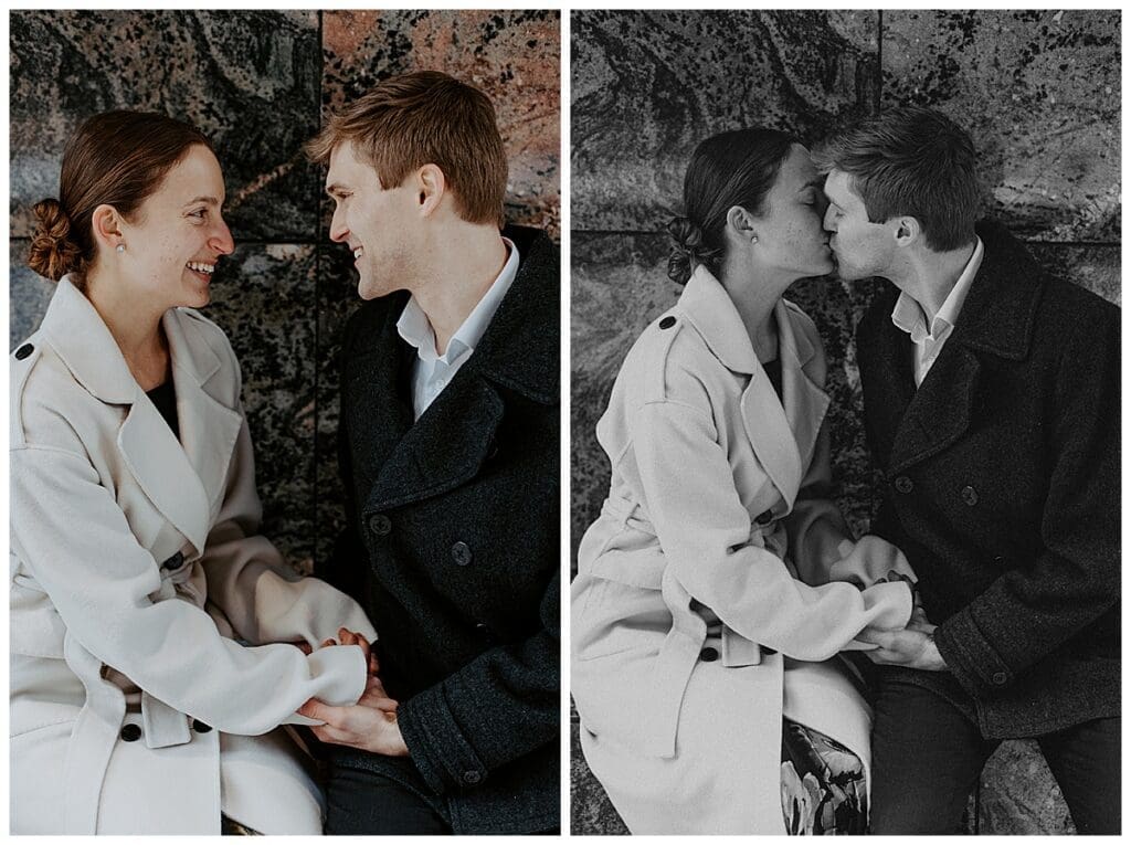 Meredith and Alec candid portraits during their winter engagement session in downtown Minneapolis