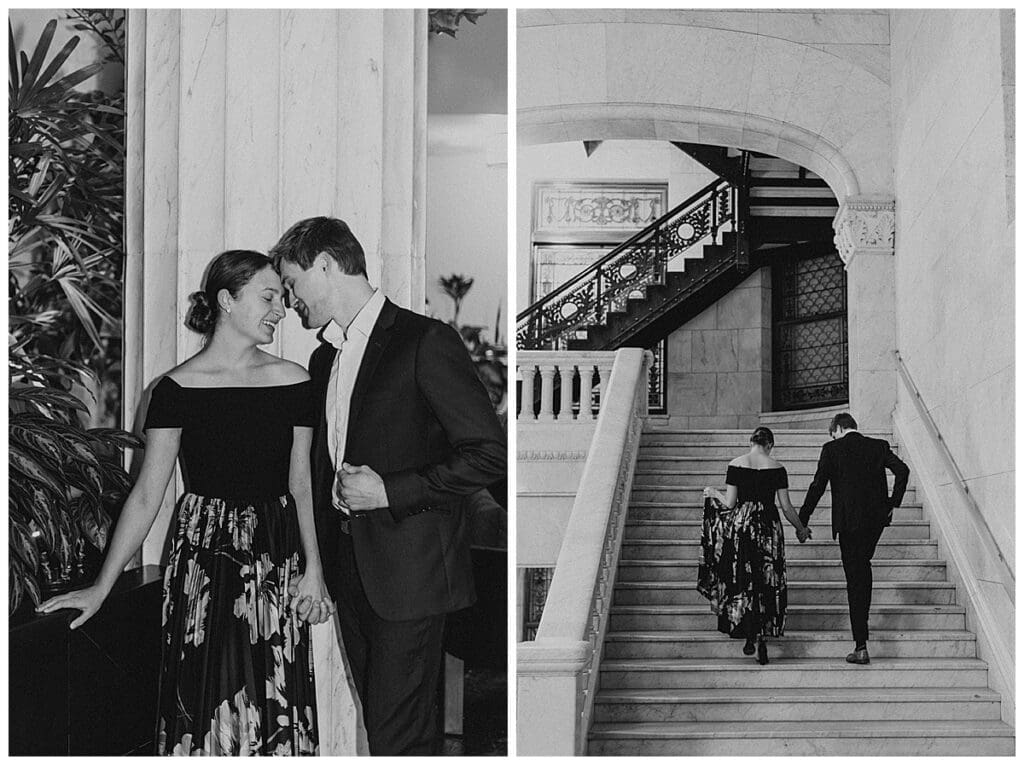 Meredith and Alec portraits inside Minneapolis City Hall during their winter engagement session