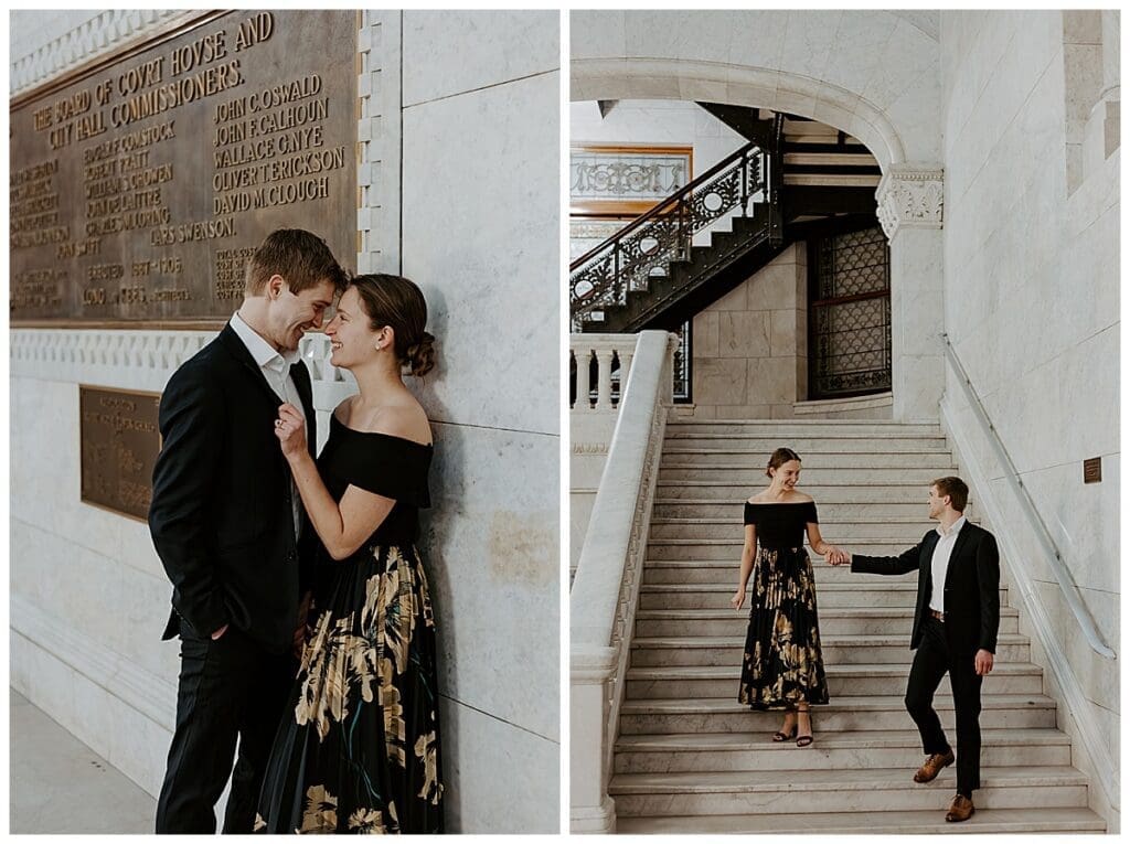 Meredith and Alec on the marble staircase inside Minneapolis City Hall during their engagement session