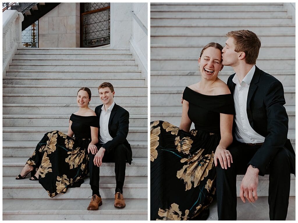 Meredith and Alec sitting together on the steps inside Minneapolis City Hall engagement session