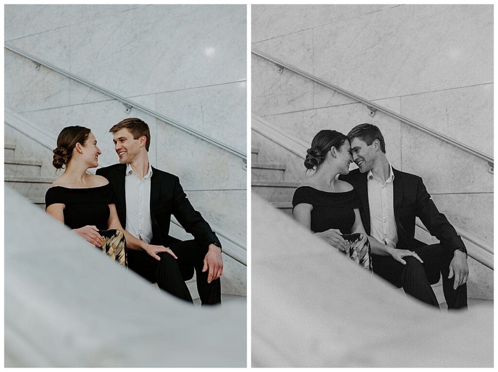 Meredith and Alec candid portraits on the marble steps inside Minneapolis City Hall