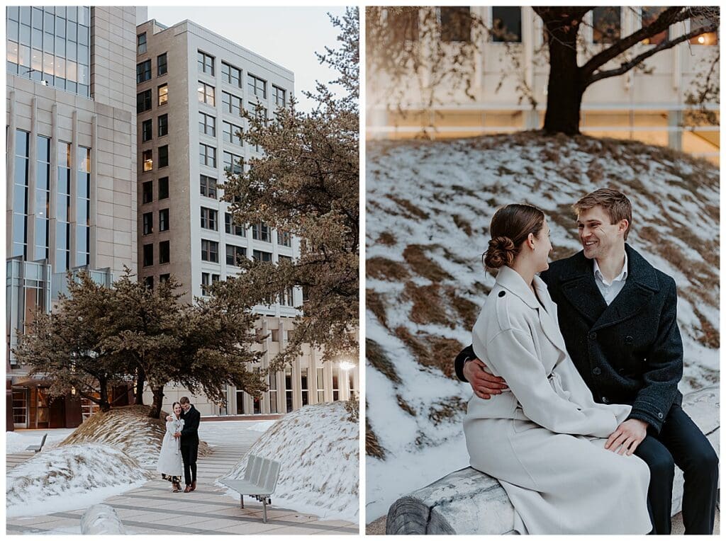 Meredith and Alec outdoor winter engagement photos in downtown Minneapolis