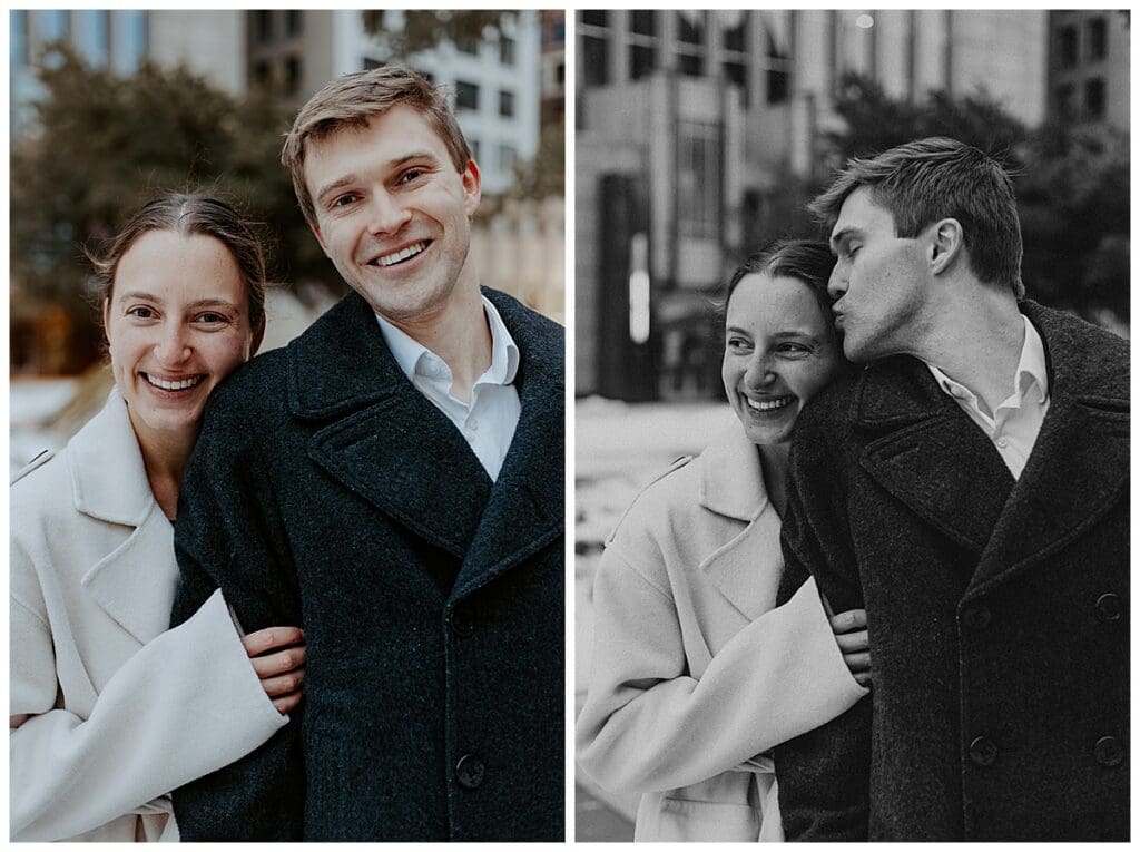 Meredith and Alec smiling together during their Minneapolis City Hall engagement session